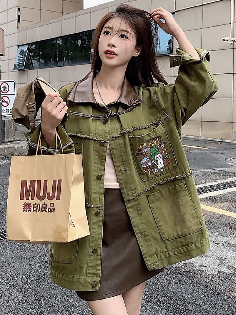 全2色 ポイントPUレザー刺繍Gジャン デニムジャケット ブルゾン