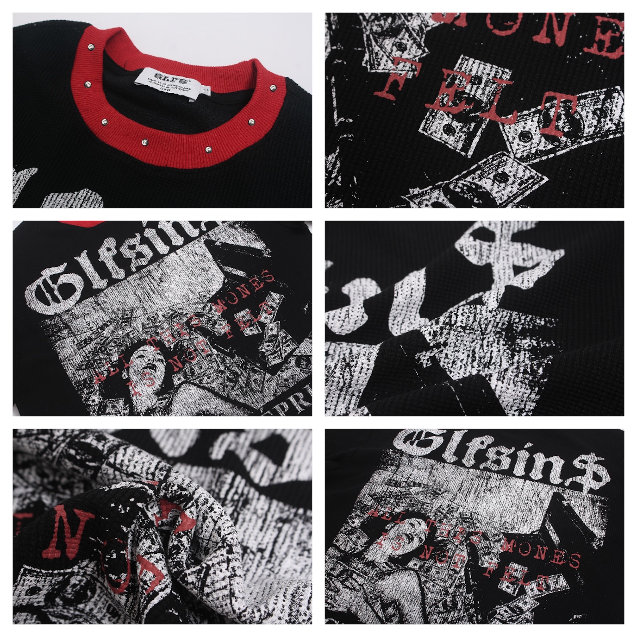 VINTAGE ストリート スタッズネック プリントワッフルロングTシャツ T2226