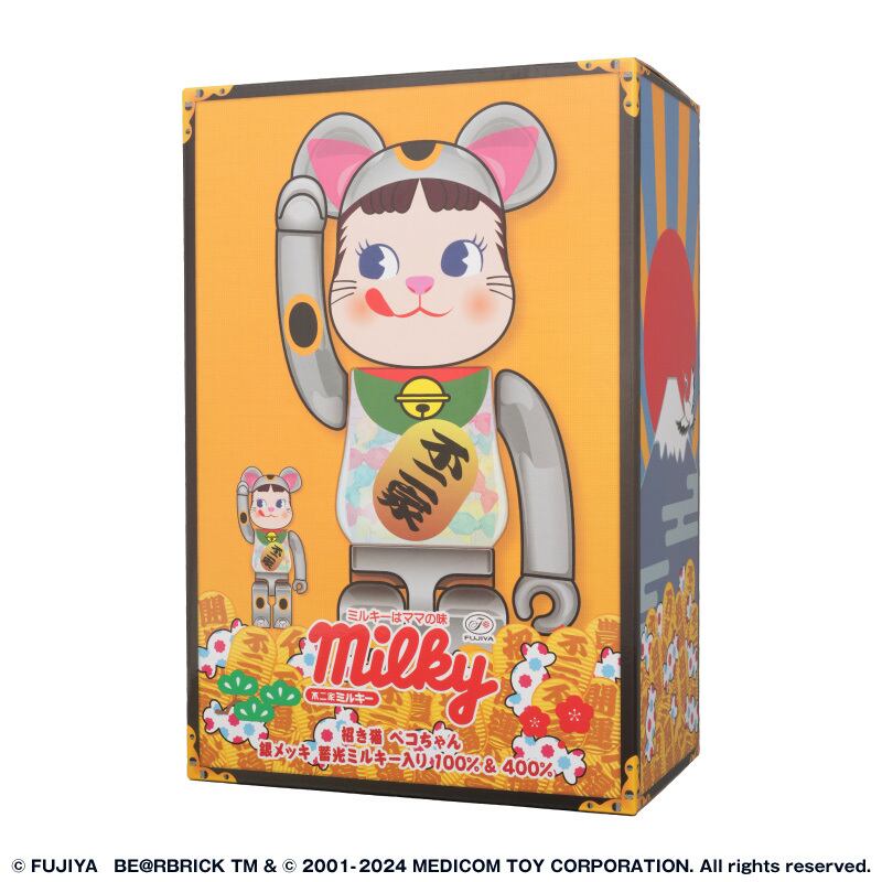 BE@RBRICK 招き猫 ペコちゃん 銀メッキ 蓄光ミルキー入り 100% & 400 