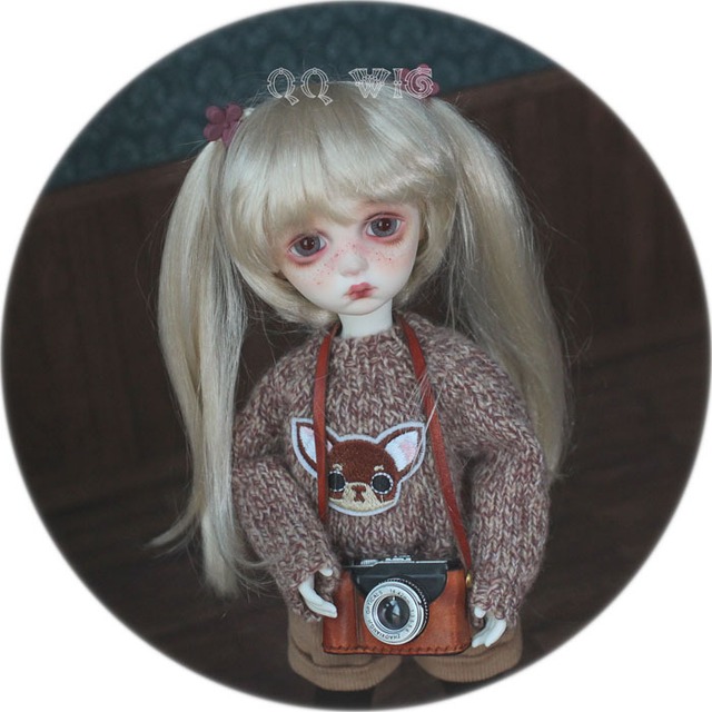 BJD人形用ウィッグ  ツインテール 薄ゴールド/ピンク QQ-37 人工モヘア YOSD/1/8サイズ用ドールウイッグ/Dolly Planet