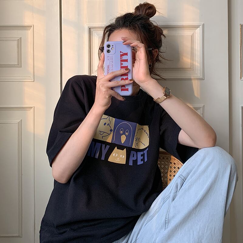 サマースタイルルーズプリントTシャツ ラウンドネックトップス 夏物 Oネック ケッペル95966273015