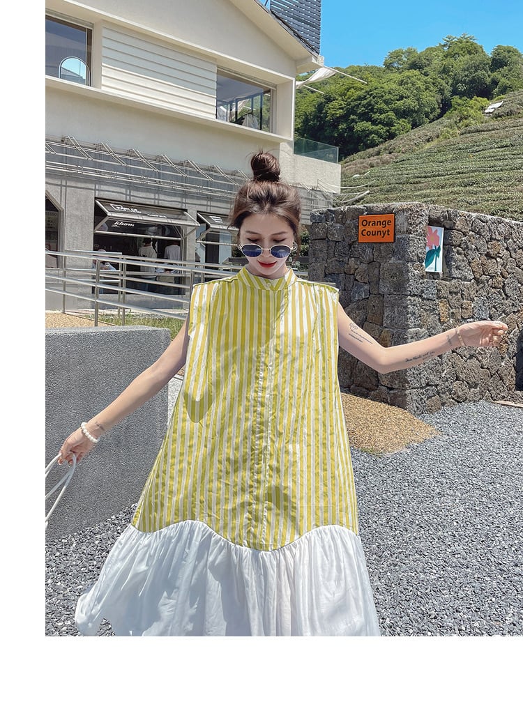 ワンピース ノースリーブ ハイネック ストライプ模様 ロング丈 ロングワンピース レディース ロング ワンピース ワンピ