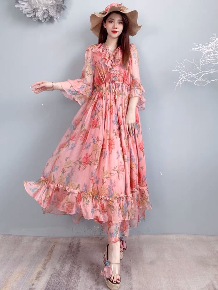 フラダンス衣装】薄ピンク ワンピース ドレス ハイビスカス柄 マイレ柄