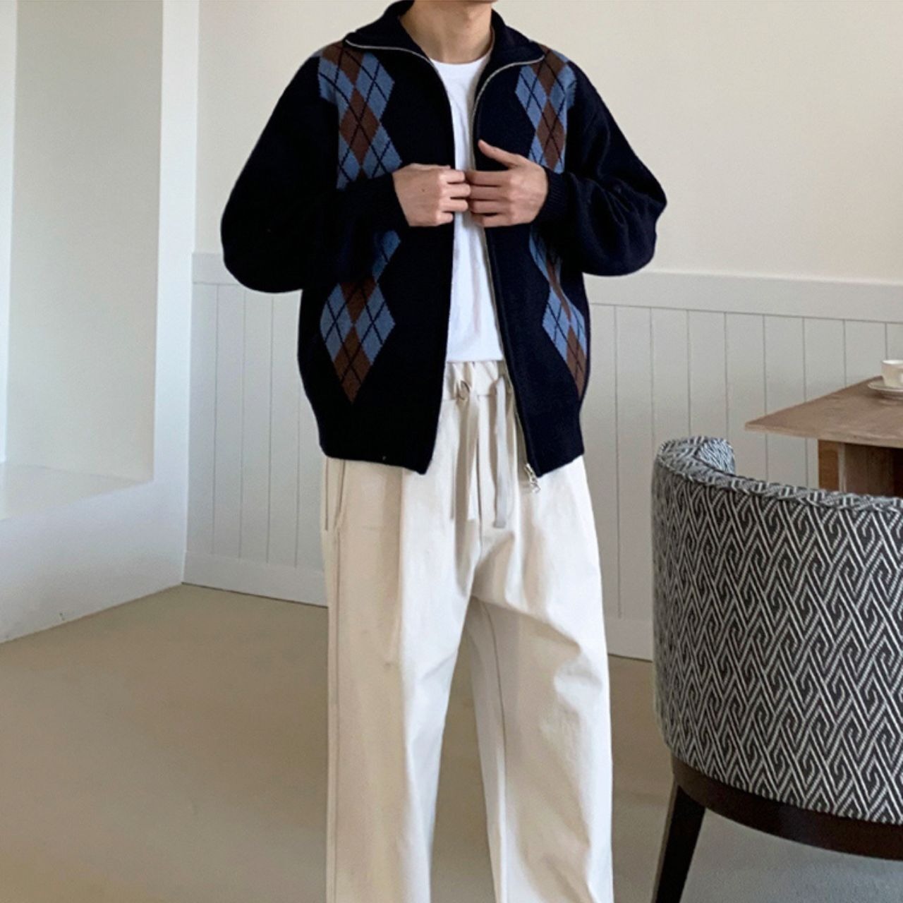 アーガイルジップアップニットカーディガン　MT0080387