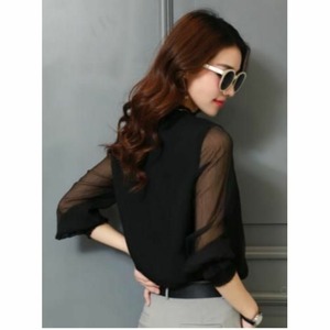 Lネイビー レディース ブラウス シフォン 長袖 シースルー フォーマル シャツ