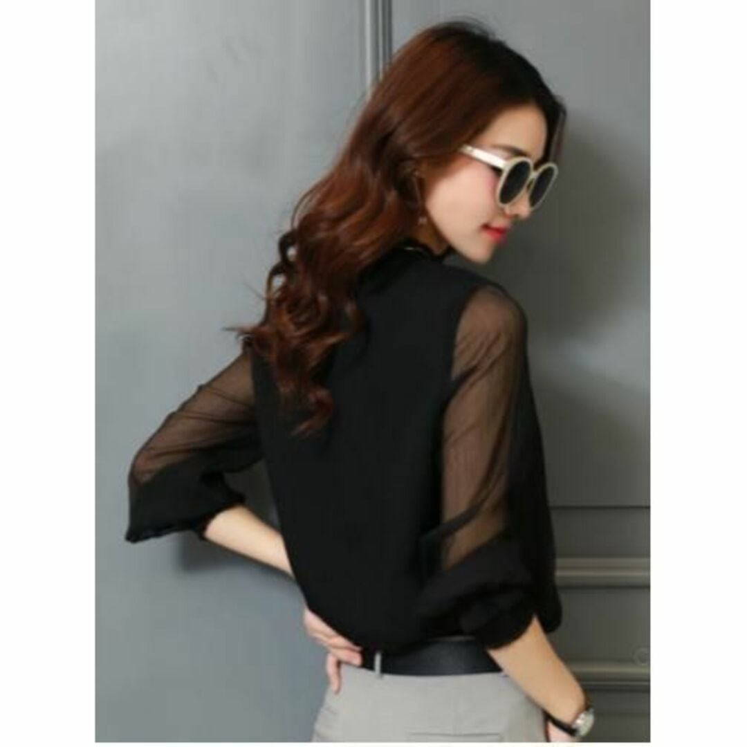 Lネイビー レディース ブラウス シフォン 長袖 シースルー フォーマル シャツ