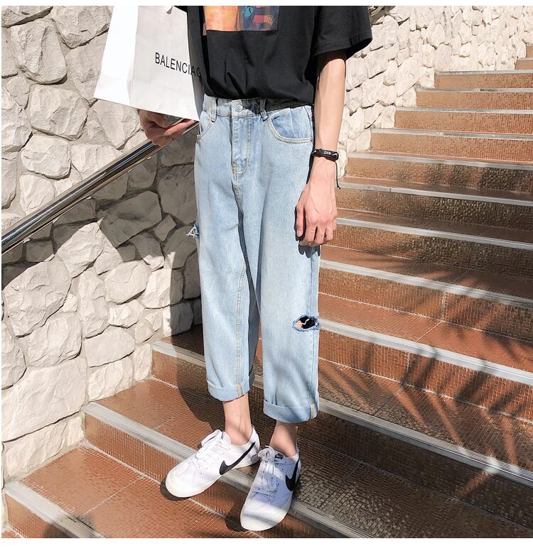 全1色 デニム パンツ ストレート カジュアル ワイド クラッシュ