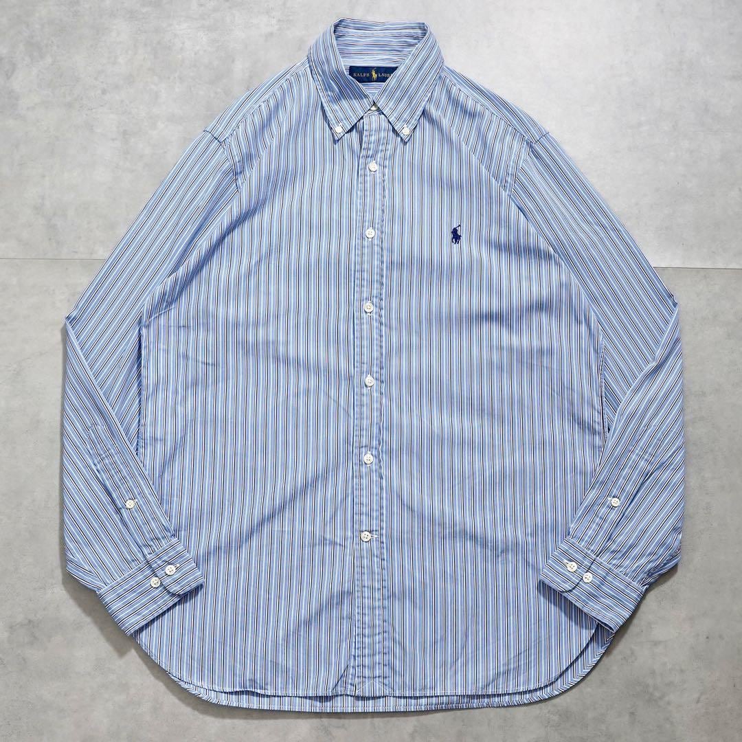 ラルフローレン ストライプシャツ 古着 ポニー 刺繍 M 青 白 16262
