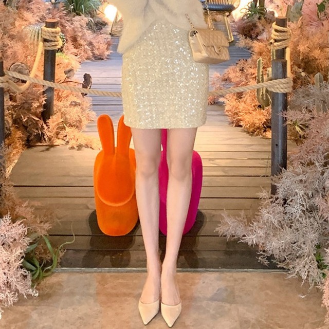 High waist elegant sequin tweed short skirt
