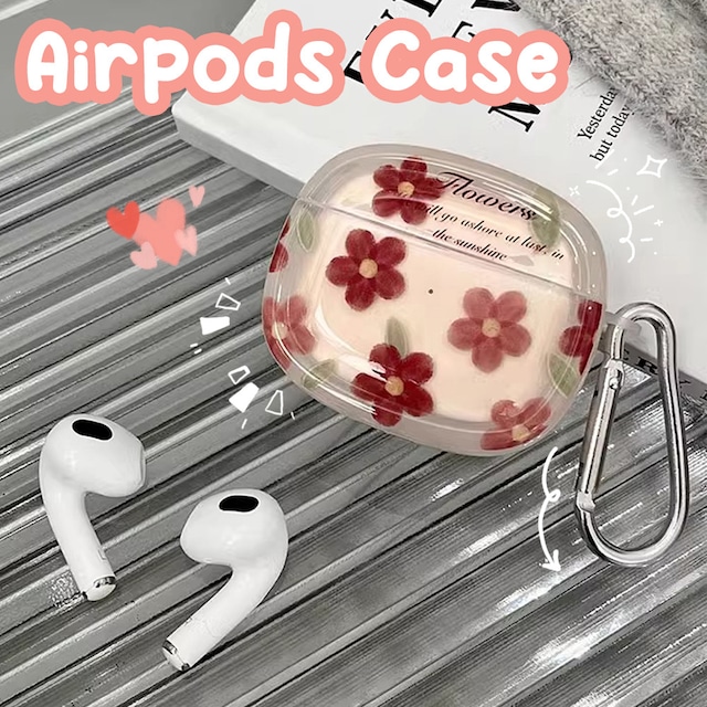 【Airpodsケース】レトロなお花柄◎レッド AirPodsカバー 透明 ケース 和装 ワイヤレス イヤホン フラワー柄  AirPodsケース ND-15552
