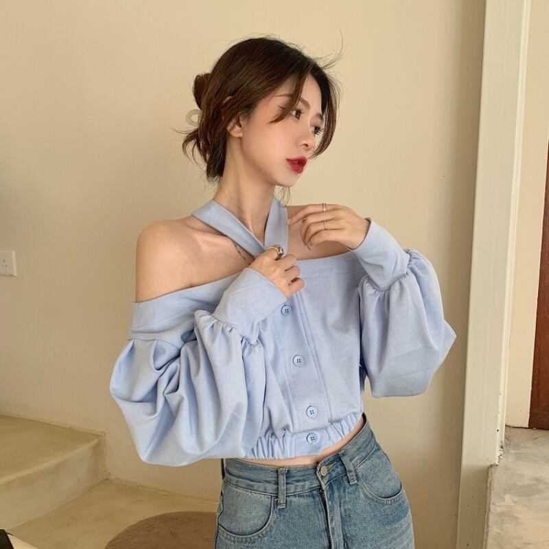 ブラウス スタンダードスプリングオータムルーズブルーシャツ ロング レトロ 春物 秋物 萌量不足37098254155