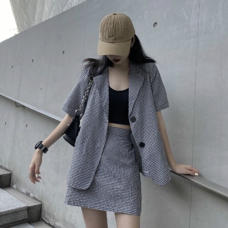 レディースサマージャケット スカート 格子柄 夏物 ハンチェンe40036318044