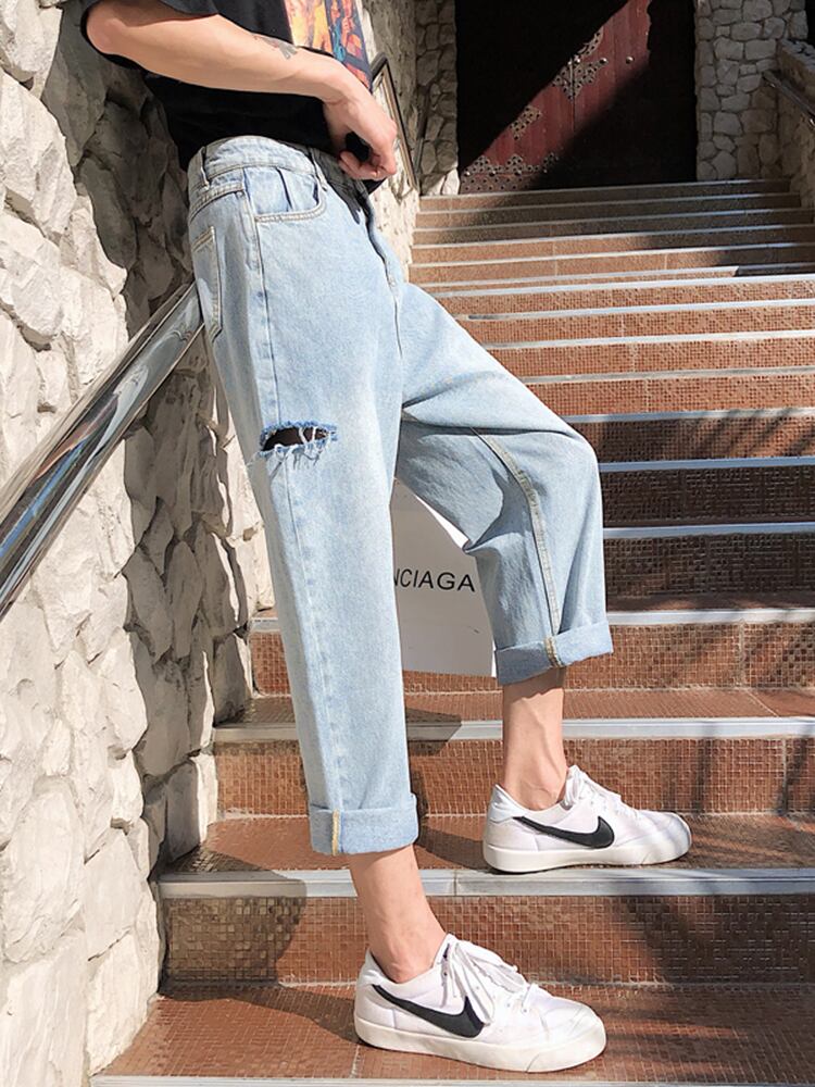 全1色 デニム パンツ ストレート カジュアル ダメージ おしゃれ