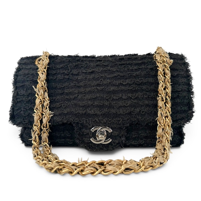Rare◇CHANEL Matelasse Tweed Black Single Flap Silver Hardware Double Chain Bag Gold Hardware 13776504 997
