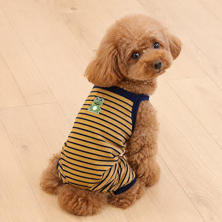 frog patch striped all in one S ~ XL 2color / 犬服 ボーダー オールイン  夏 袖なし 可愛い 犬の服 ドッグウェア 韓国 ペット ワンコ服 小型犬 中型犬 猫 ロンパース ストレッチ素材 tsu47