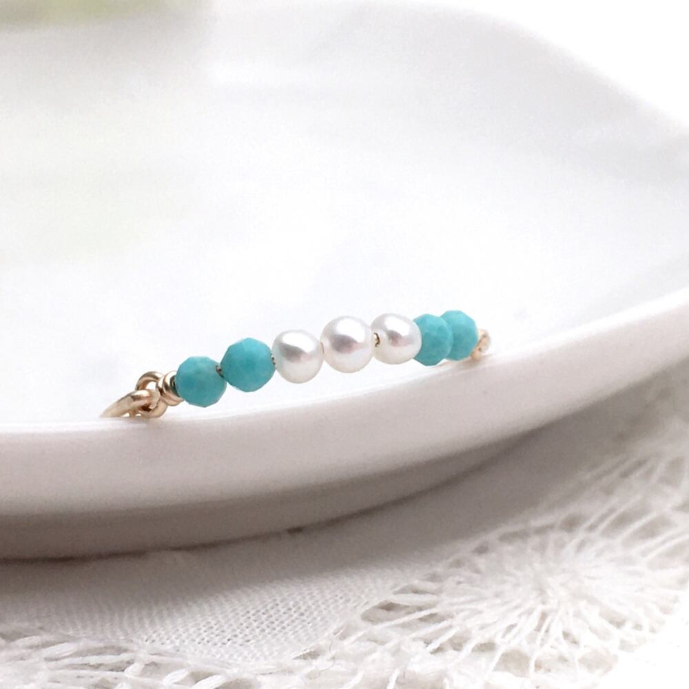 ターコイズ 淡水パール K14gfワイヤーリング | ソーダフロートのような爽快な輝きの指輪