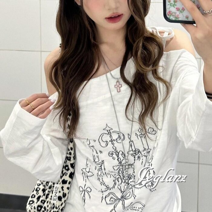 メルヘン デザイン 長袖 Tシャツ ロンT ワンショル 肩リボン ♪(MD297)γα
