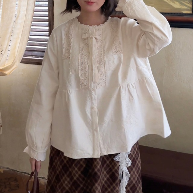 レースリボンフリース裏地ブラウス W1624