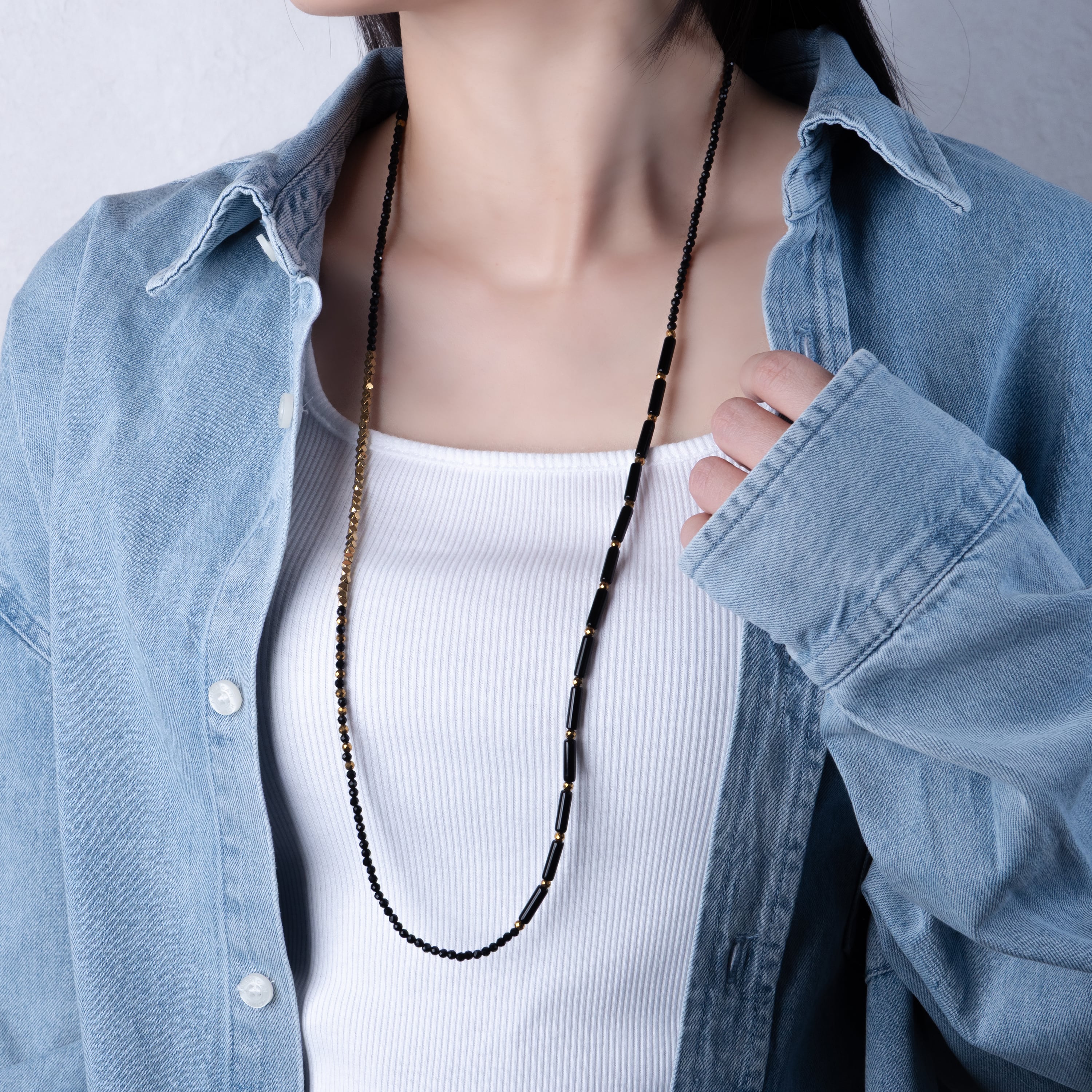 ブラックオニキスのロングネックレス 2連・ブレスレットにも◎