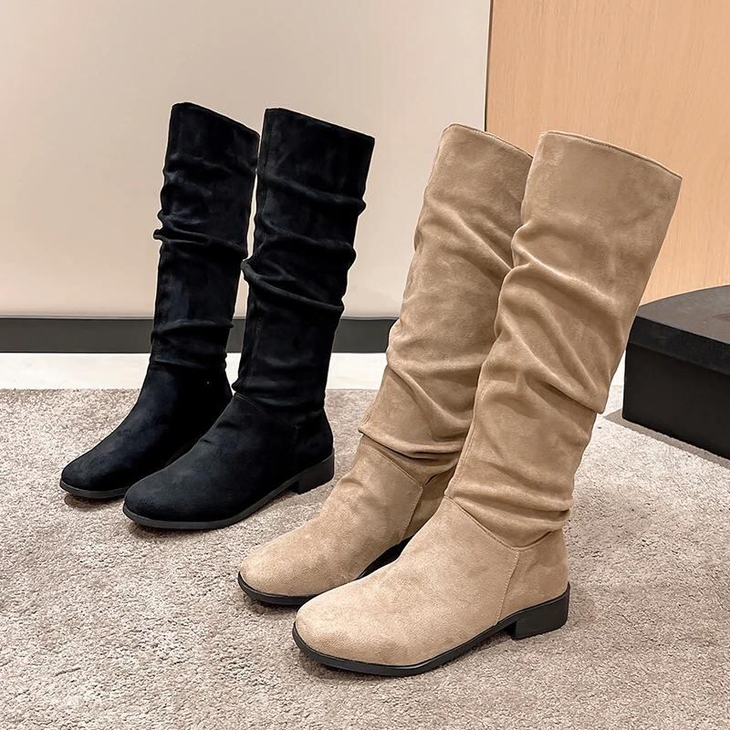 2023 new High Quality Pleated Boots Women Black Nude Faux Suede Flock Knee High Boots Ladies Flat Autumn Winter Dress Shoe 43_171