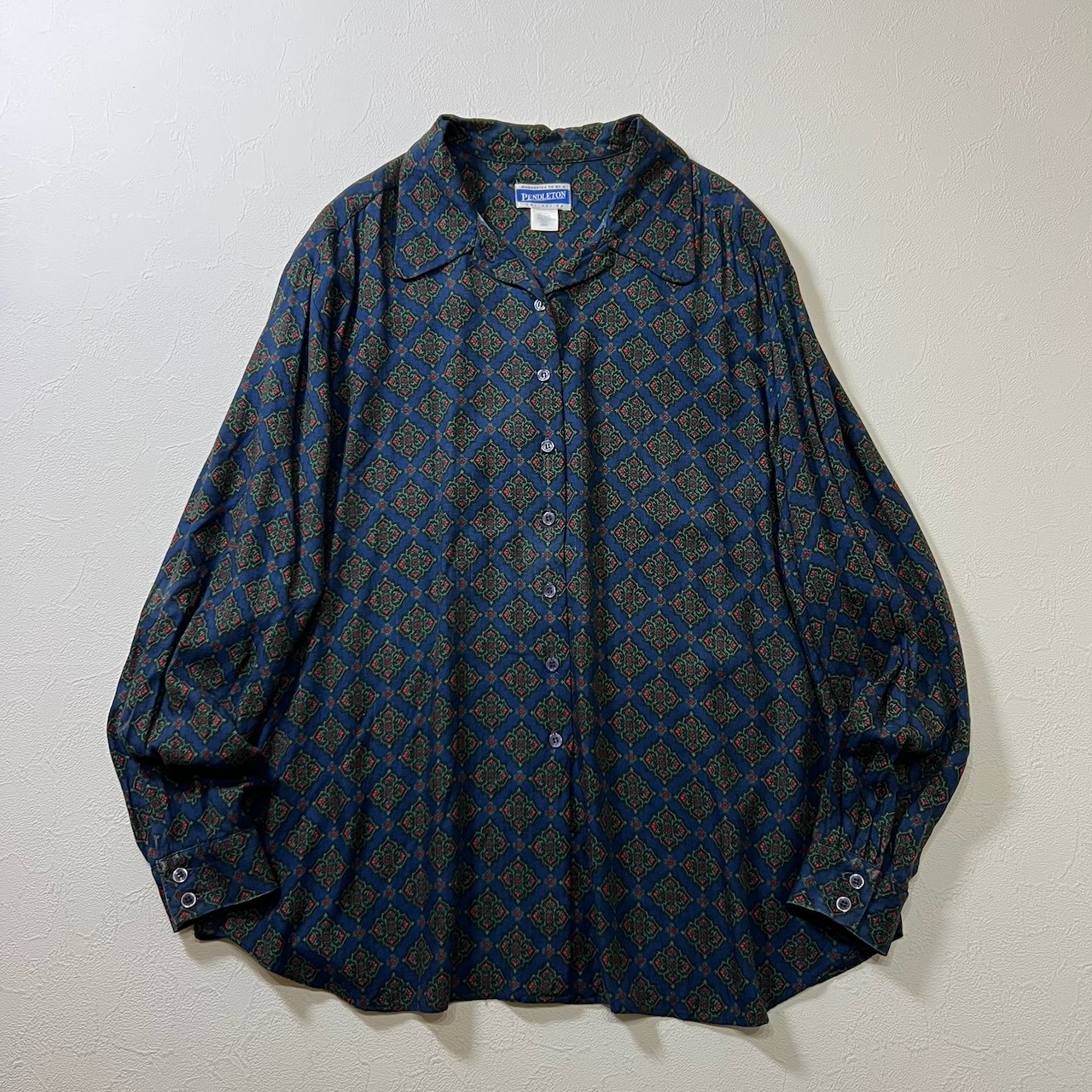 USA PENDLETON レーヨン 総柄 長袖シャツ ペンドルトン ネイビー レッド 20W 古着