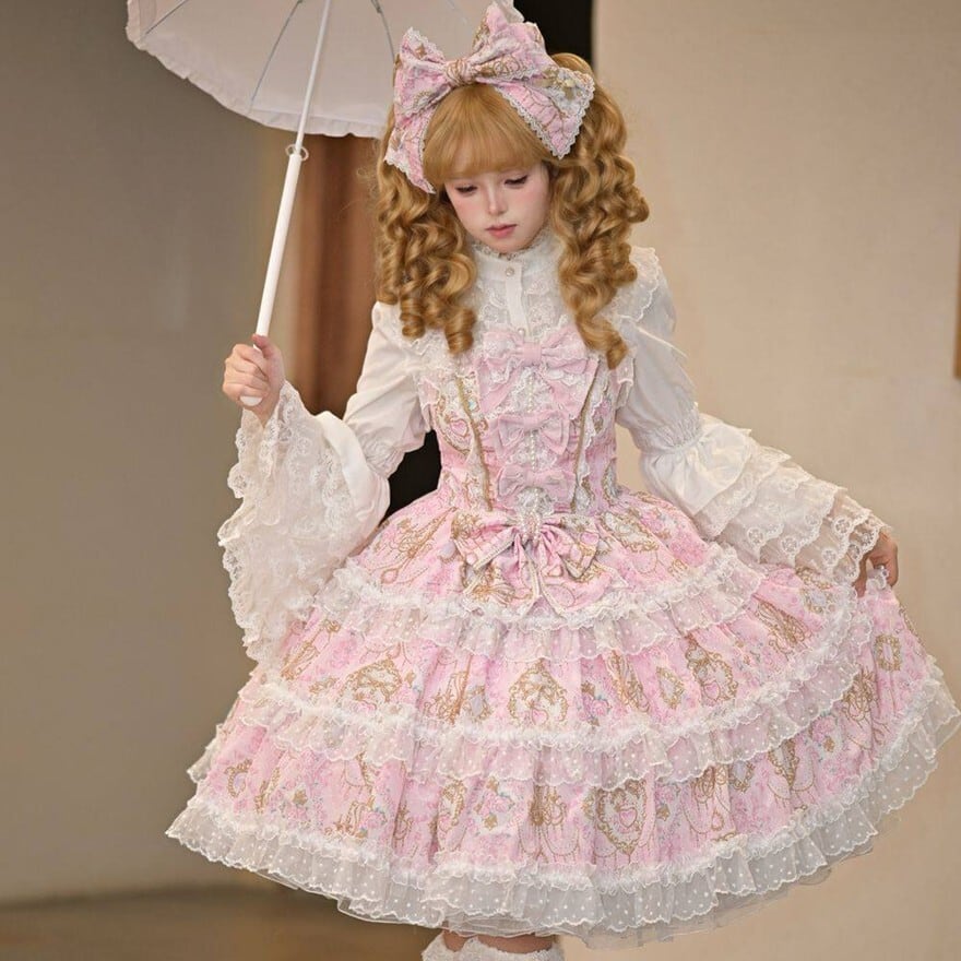甘ロリ 花柄 JSK ピンク×パープル 多層フリル レース 姫系 ロリータ