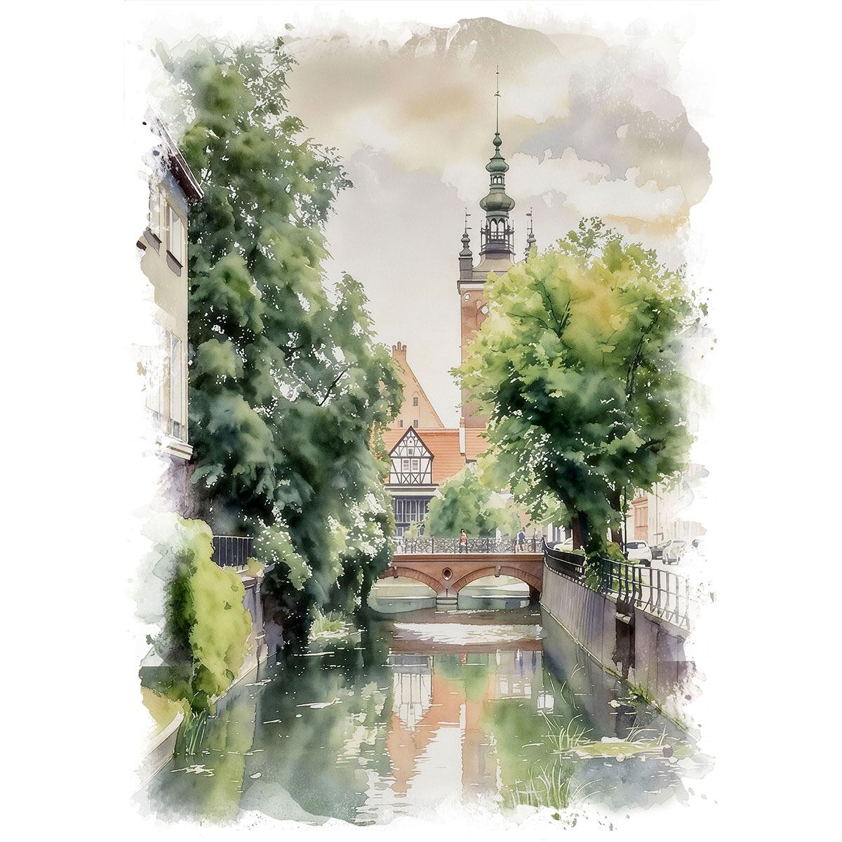 絵画 風景画(街並み) ベルギー ブルージュの運河沿いの風景 インテリア