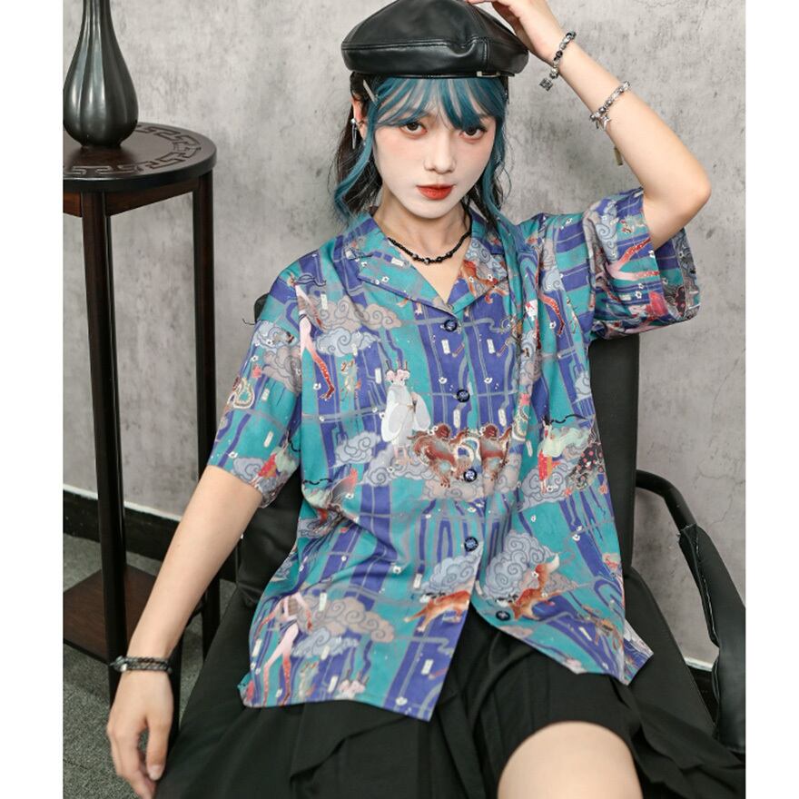 チャイナ風 中華服 古怪舎 半袖シャツ プリント柄 レトロ 中華系ファッション 30代ファッション夏服