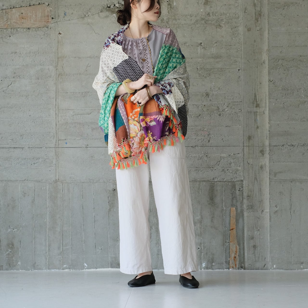 彩りをまとう♪カラフルパッチワーク大判ストール（25s-08）パターンA