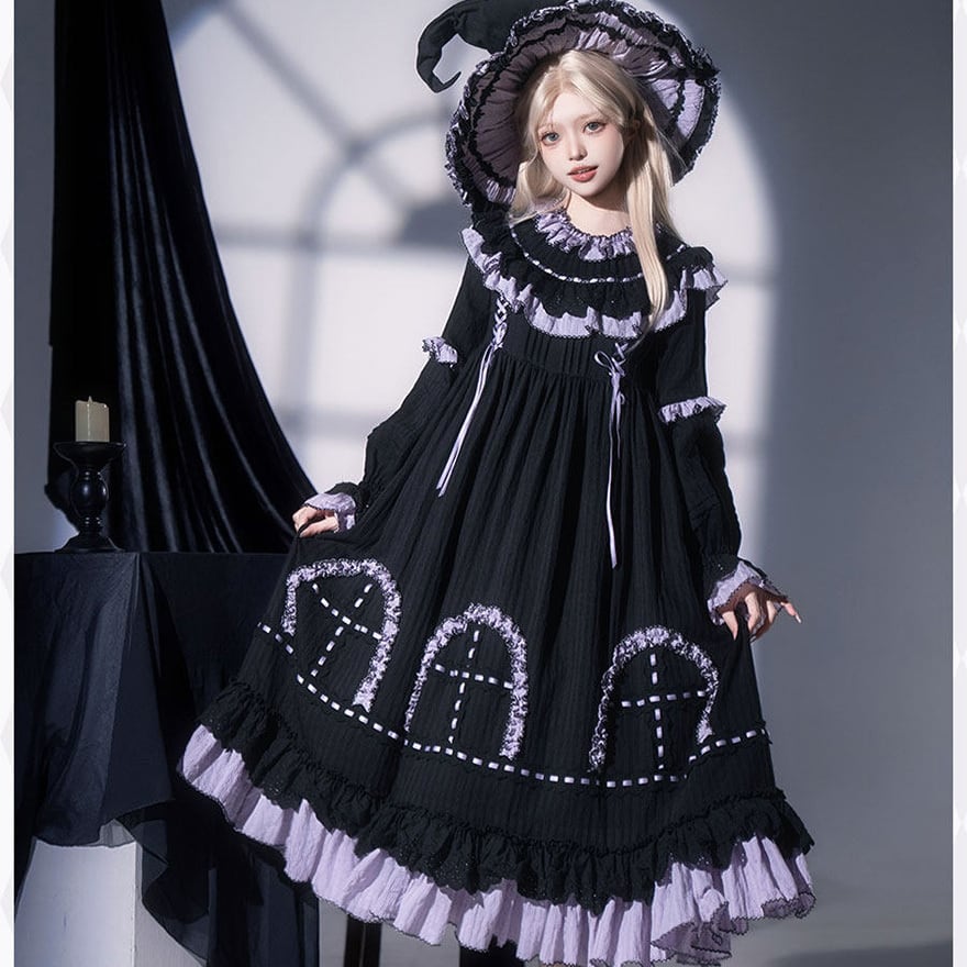 予約商品 納期45日】ゴスロリ 魔女ドレス ヘッドドレス 三角帽付き 6点