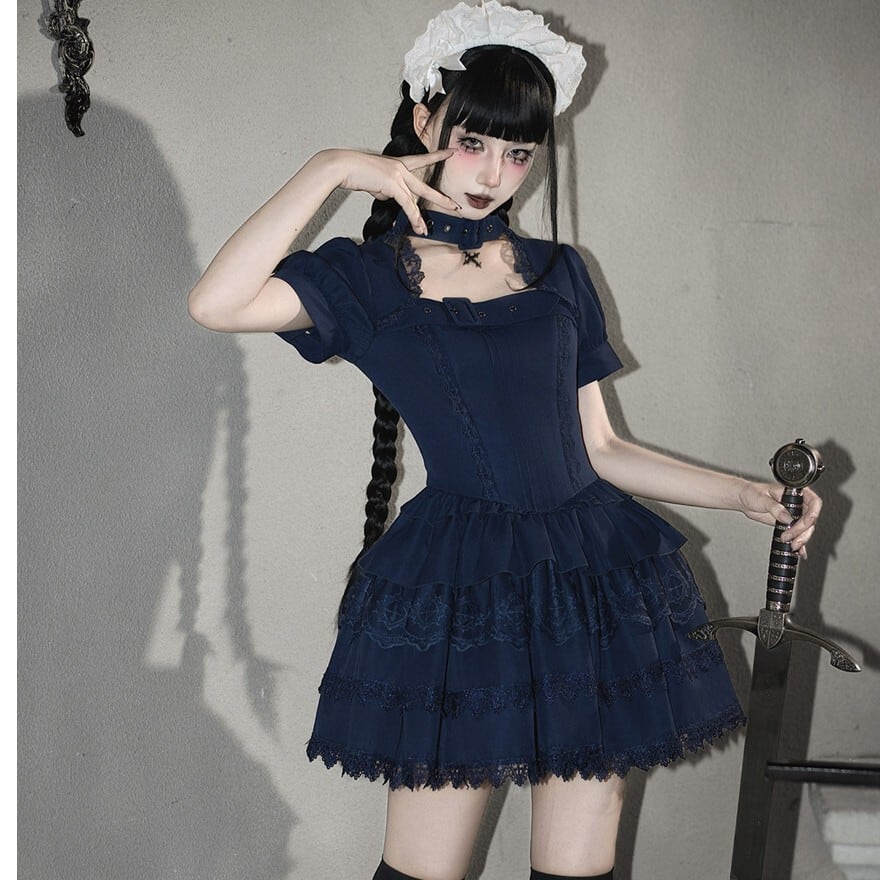 ロリータファッション ゴスロリネイビーメイド服5点セット | ロリィタ