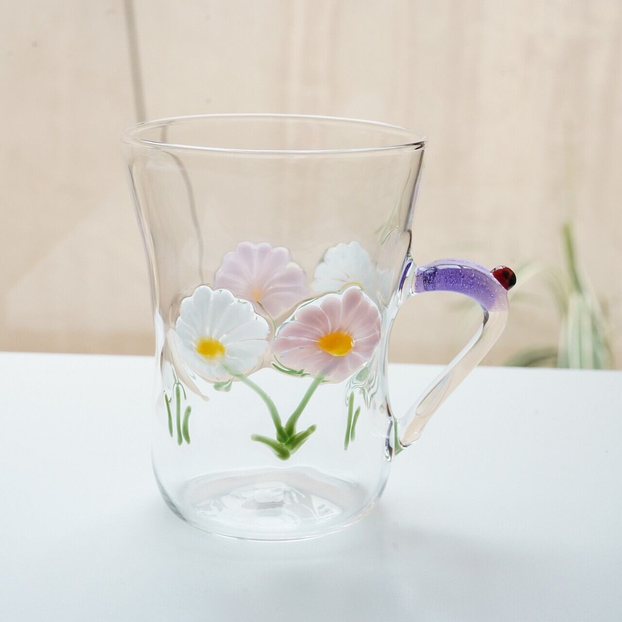 【竹川久仁子】耐熱ガラス 花マグカップ ピンク T-2-C