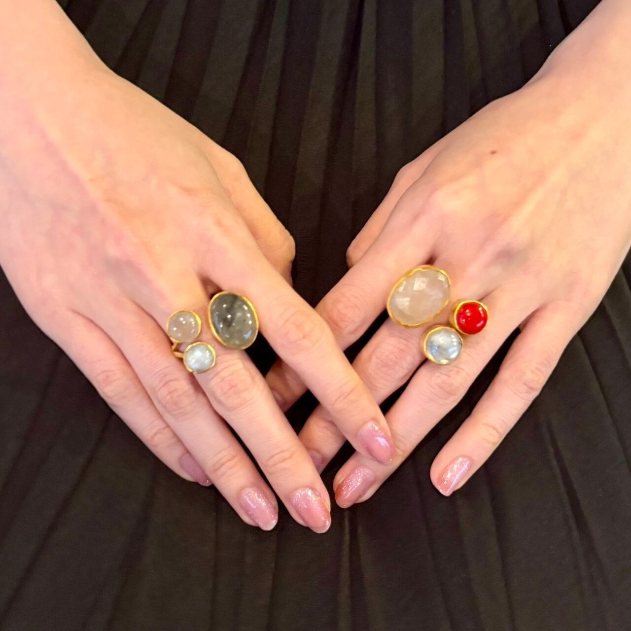 ブラックルチルクオーツ/ローズクオーツ/ムーンストーン リング 10〜12号 10~12号】ブラックルチルクオーツ/ムーンストーン/ローズ