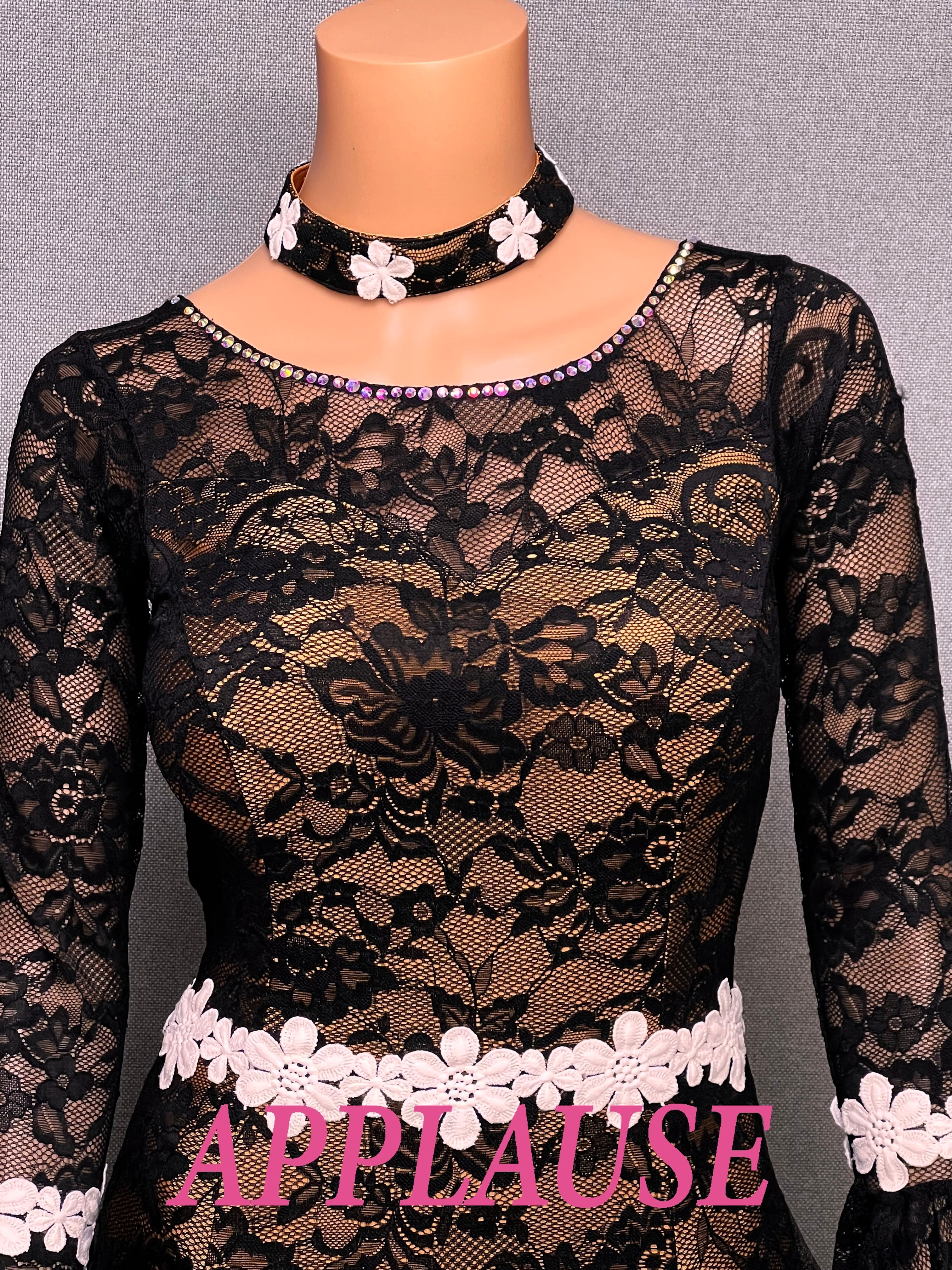 【新着】社交ダンス ドレス　スタンダード　モダンドレス　ブラック（レース）　M　ST-25-31　デモ・競技用ドレス　発表会衣装　パーティドレス　ワンピース　舞台衣装