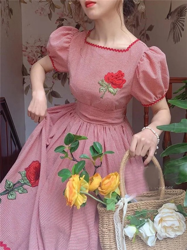 【0063】Retro Gingham Check Short Sleeve Dress