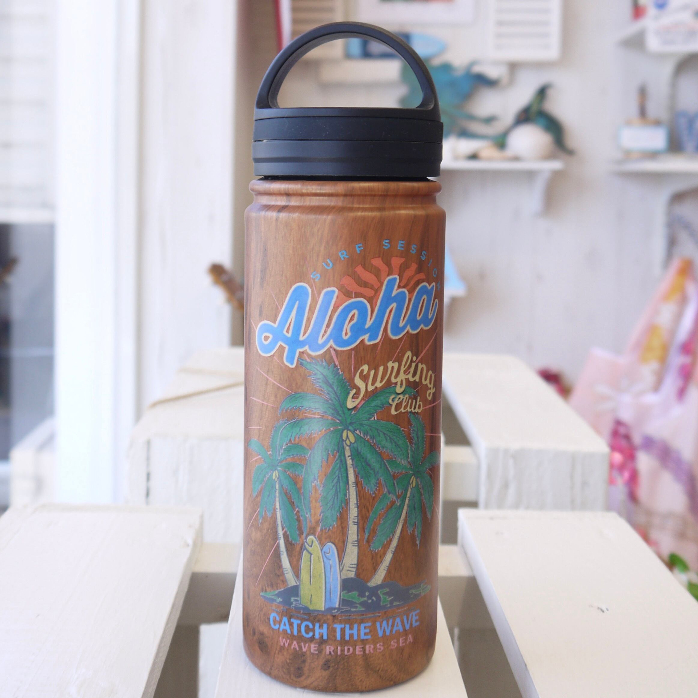 ハワイ タンブラー ステンレスボトル 水筒 木目調デザイン 500ml サーフ ビーチ ヤシの木 メンズ ハワイアン雑貨 <SURF>