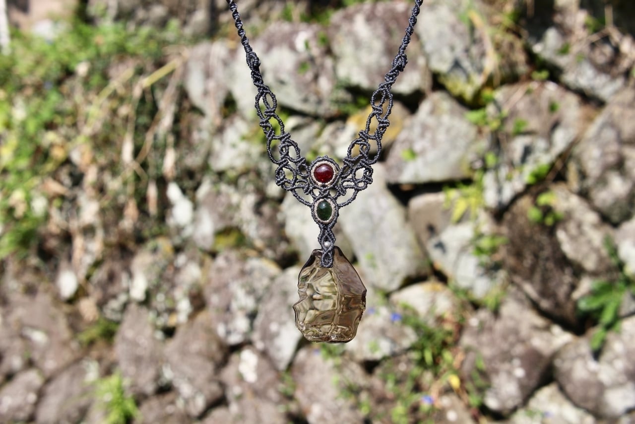 Healing Smoky quartz & Rhodolite Garnet & Peridot  micro macrame necklace