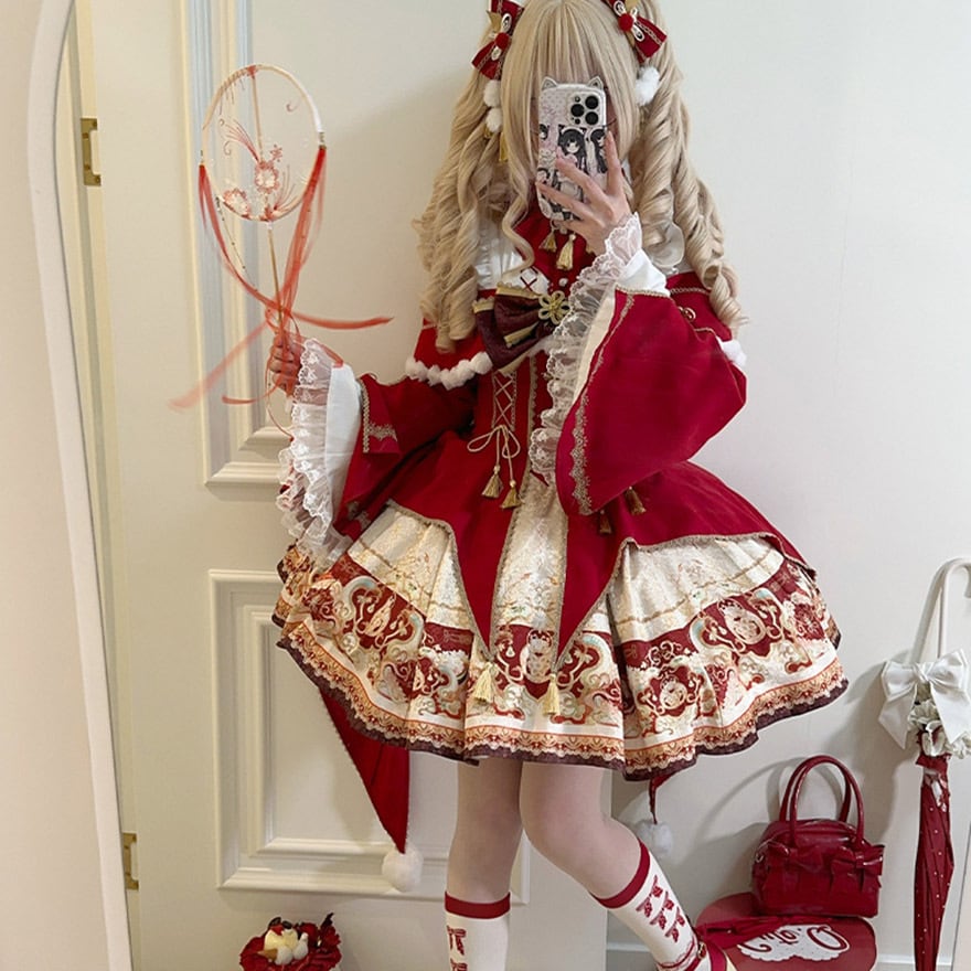 ロリィタ ドレス ヘアクリップ リボン 赤 チャイナ風 サブカル系 服