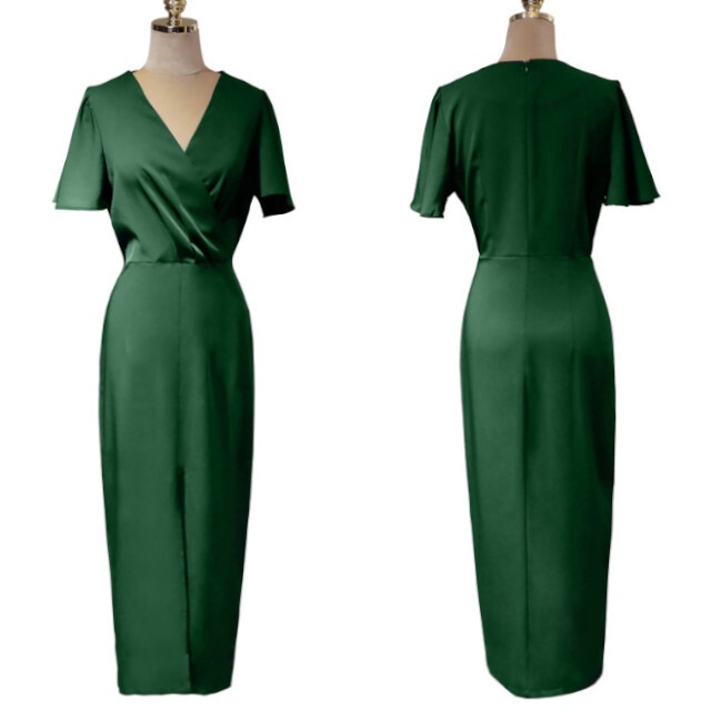 全2色 ブラック グリーン レディース ワンピースドレス オケージョンワンピ フレアスリーブ カシュクール Vネック スリット S M L Xl Favoriteselect