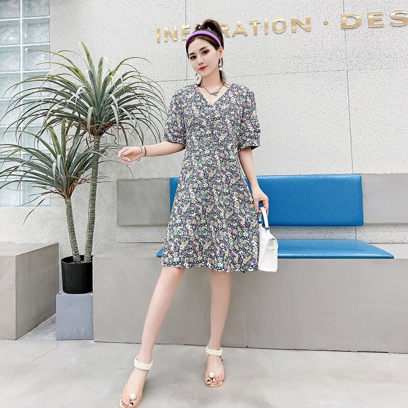 サマーVネックフローラルバックレースウェストドレス 大きめサイズ 大人ガーリー スウィート キュート カジュアル 夏物 花柄 ミックスインファッション66998605035