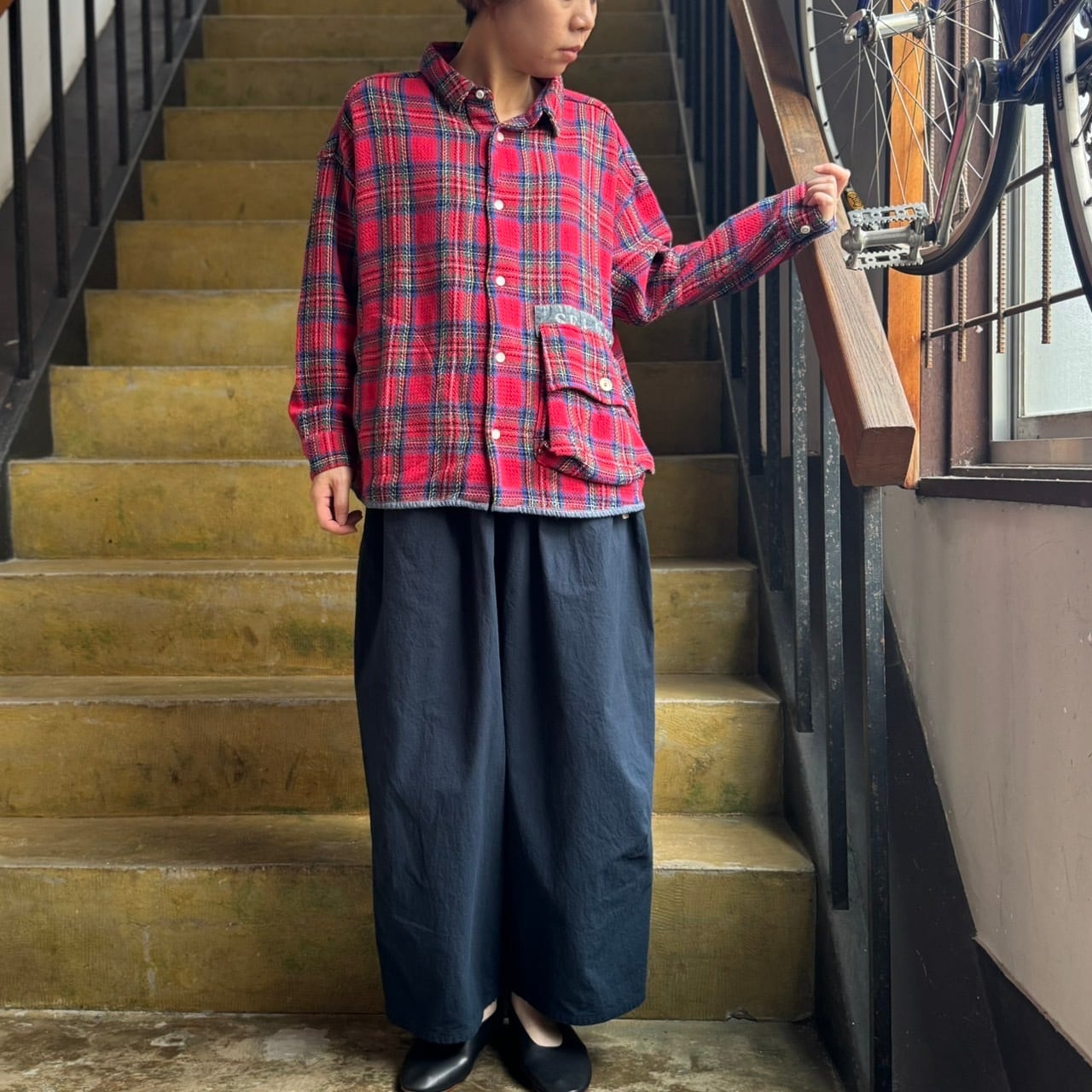 快晴堂　ウール100％　チェックエルボーパッチ　カーディガン　ネイビー　サイズ5 快晴堂 | clever elephant