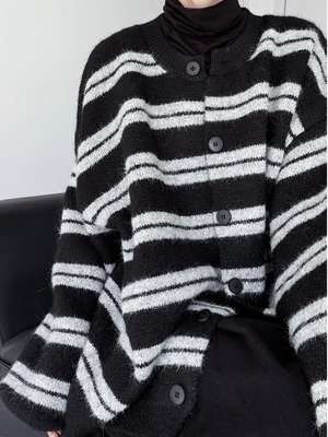 Black striped loose knit cardigan [T2688]