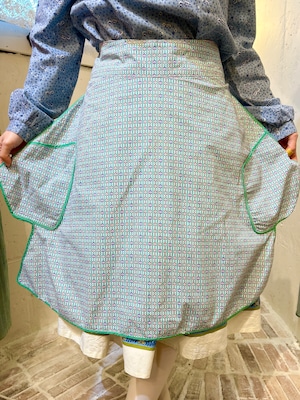 vintage green × blue × pink cotton apron with Pocket