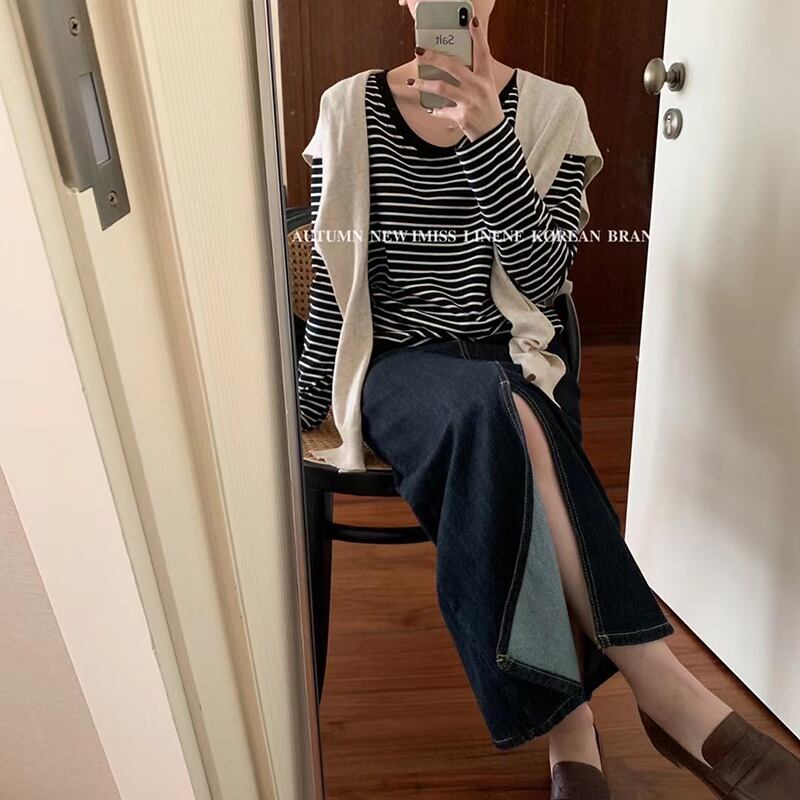 ストライプラウンドネック薄手オータムカジュアルルーズTシャツ ロング 秋物 Oネック ビッグFスモールZ韓国30188560863