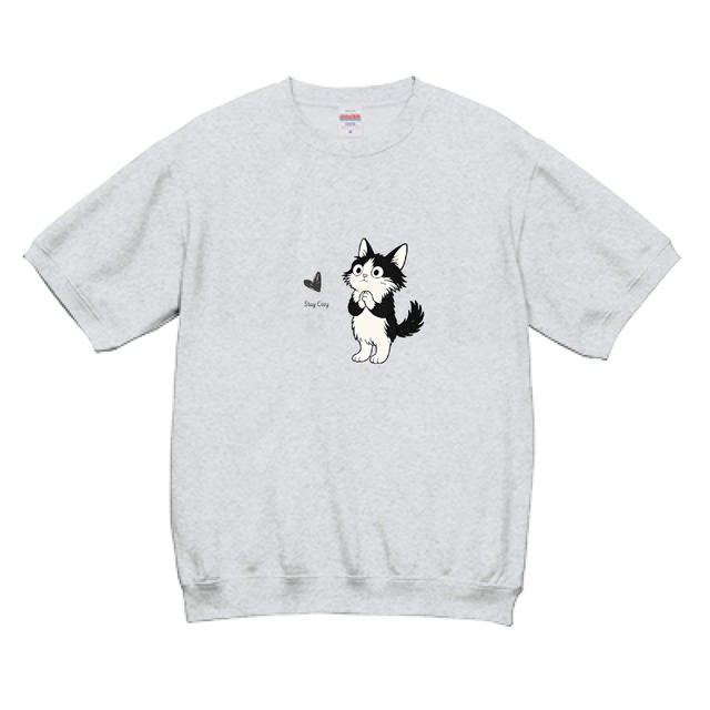 【Stay Cozy 白黒猫ハートTシャツ】ショートスリーブ スウェット（裏パイル）（OF00421）（1COLOR）
