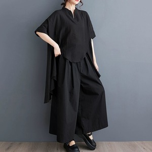 SWAN-NECK HALF SLEEVES IRREGULAR HEM PULLOVER DESIGN SHIRT 4colors M-9211