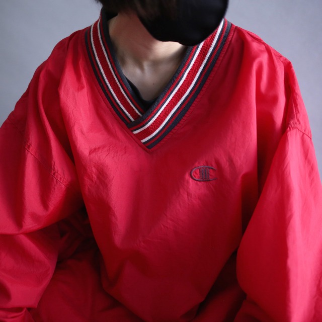 "Champion" knit rib design over silhouette red nylon pullover