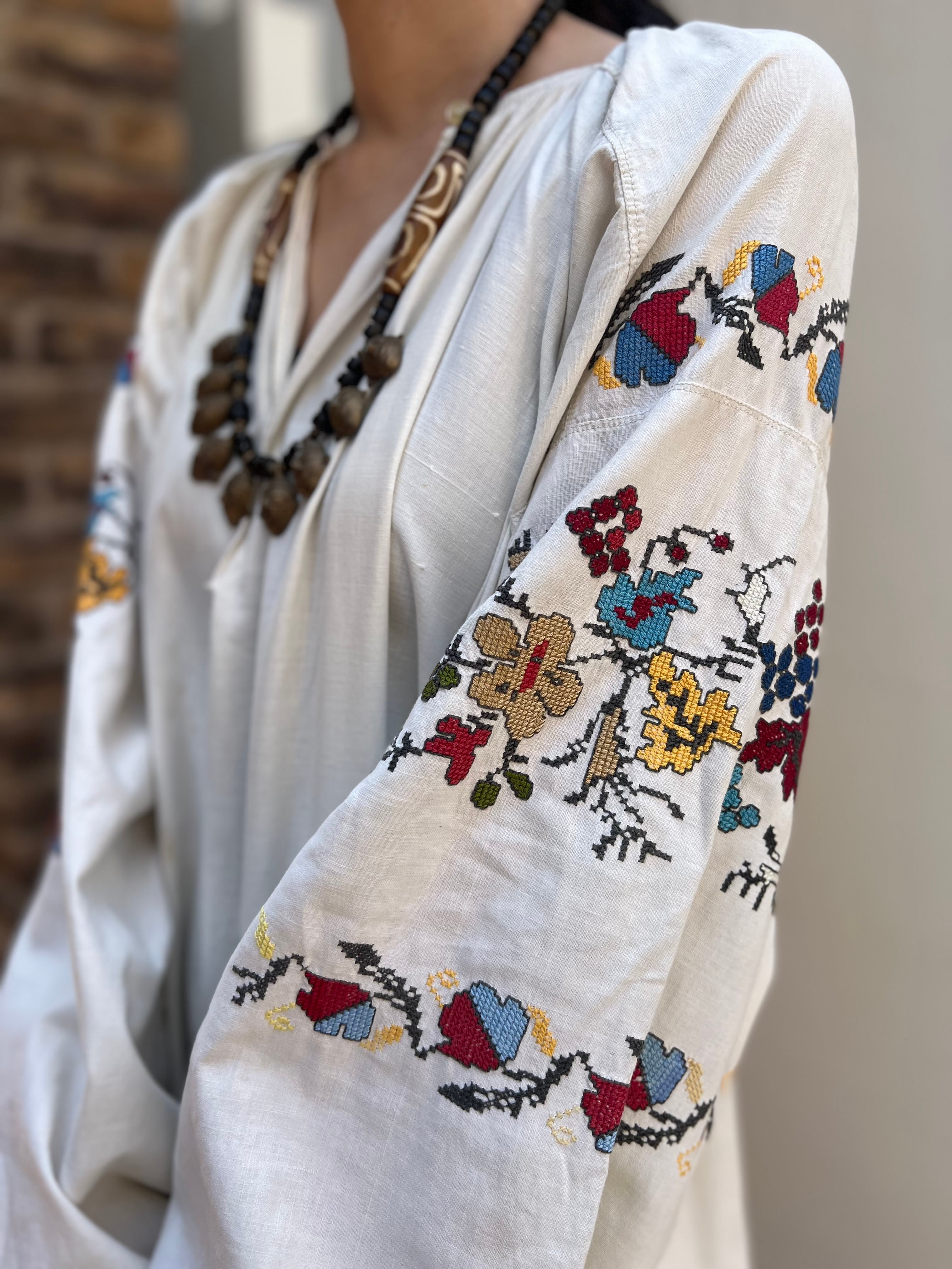 Vintage Ukraina multicolor floral embroidery white cotton dress 