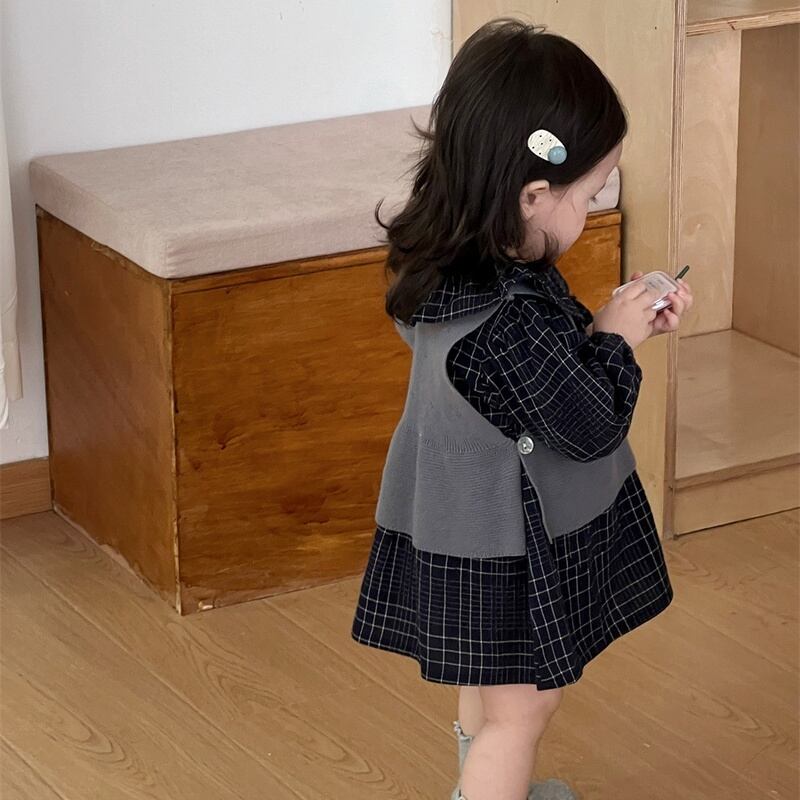 【BABY】チェック柄ワンピース 無地ベスト