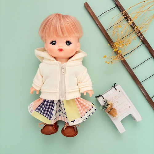 【３点セット】パーカーコーデスカート服（白パッチピンク）メルちゃんソランちゃん